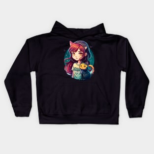 Girl & Cat Kawaii Anime Retro Cat Lover Kids Hoodie